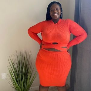 Fashion Nova Ribbed Orange Long Sleeve Skirt Set